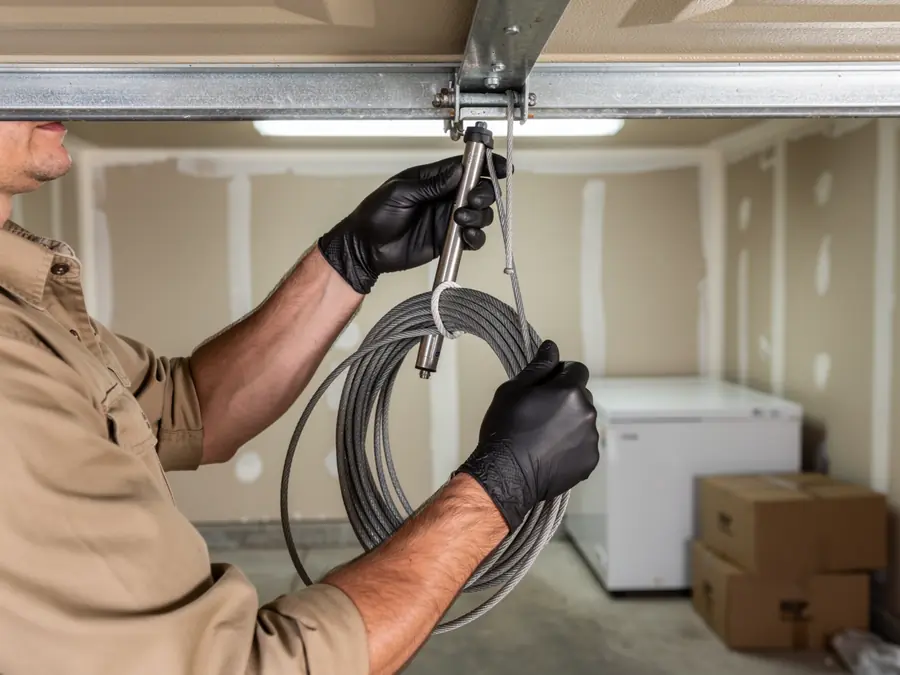 A technician in black gloves holds a coiled cable attached to a garage door track.