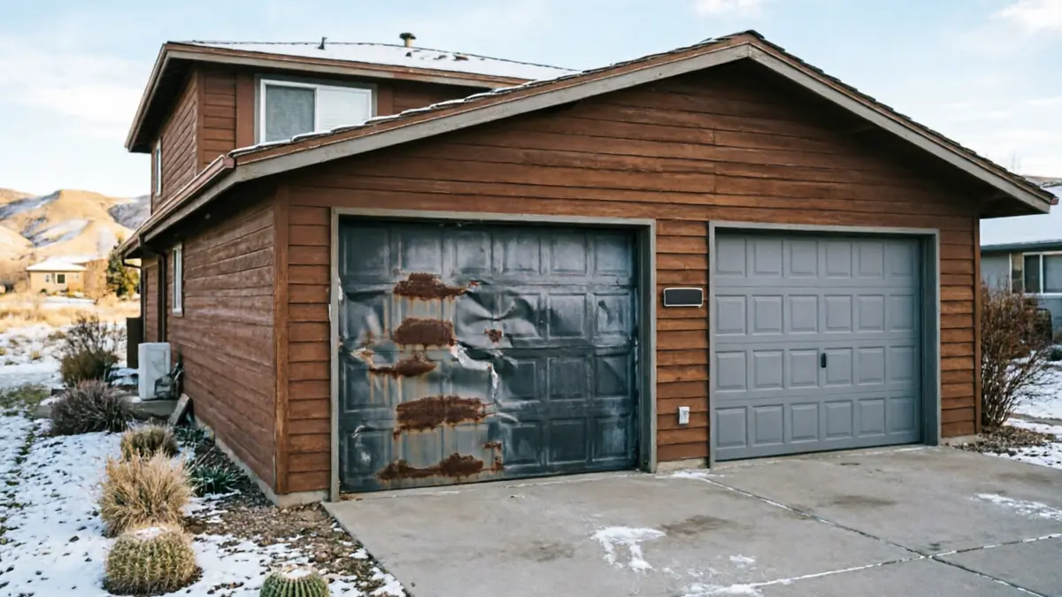A house with a damaged, rusty garage door next to a new gray garage door.