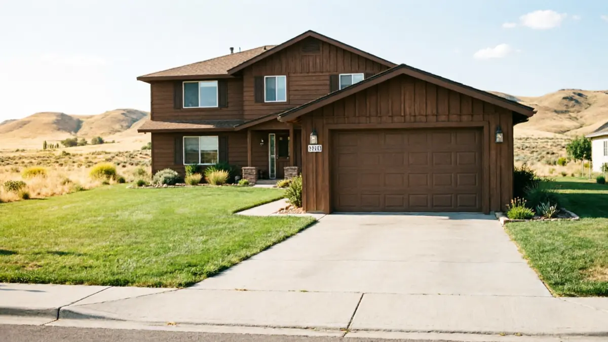 A brown house with a brown garage door and a green lawn.