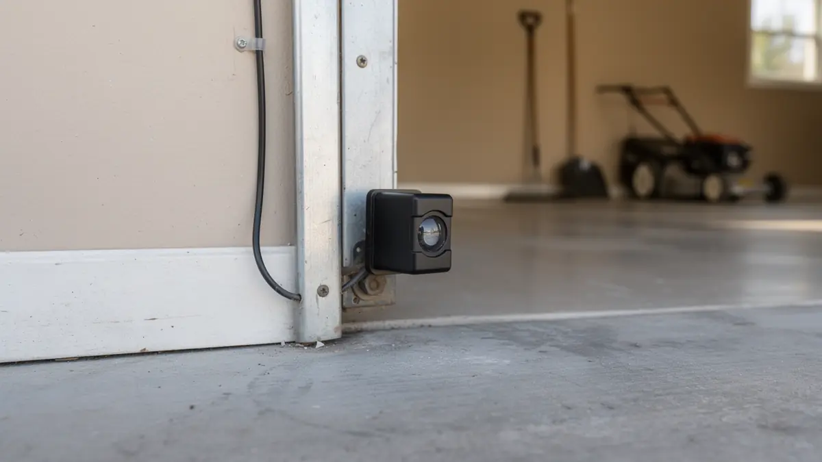 A safety sensor is mounted on the garage door track.