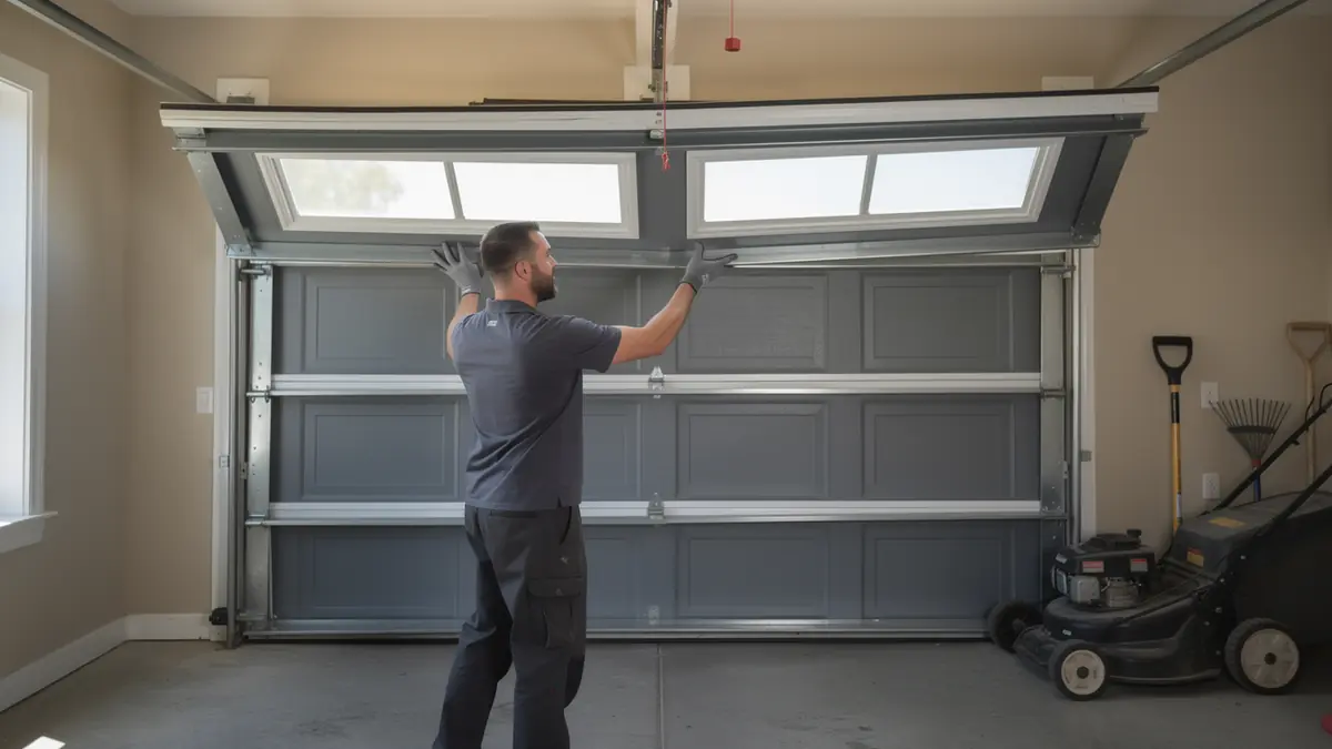 A technician in gloves adjusts a gray garage door with windows.