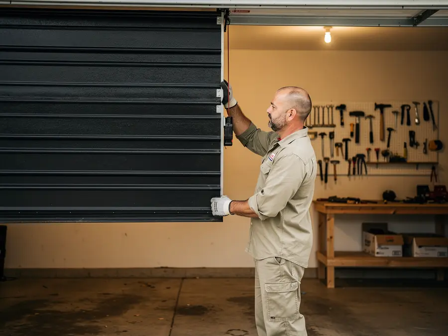 A technician in a tan uniform works on a black garage door.