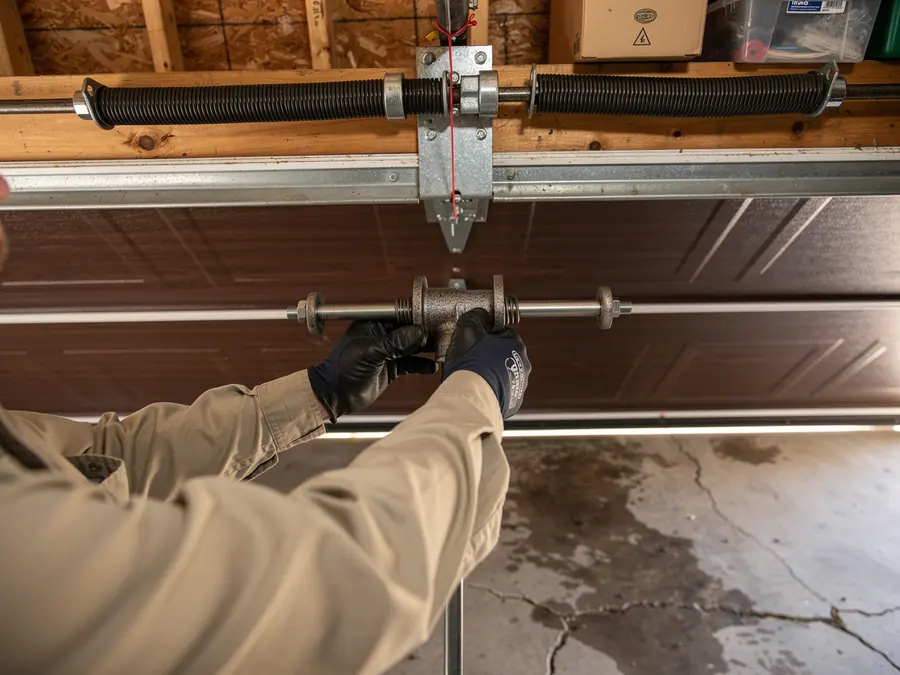 A technician in gloves adjusts a garage door torsion spring.