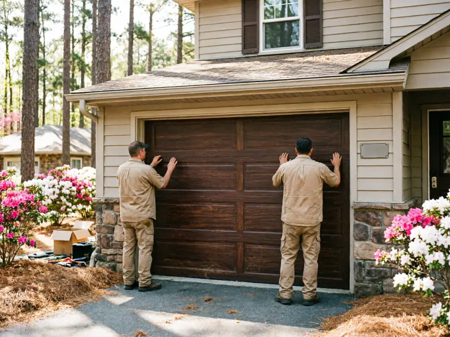 Two technicians are installing a dark wood garage door on a house.