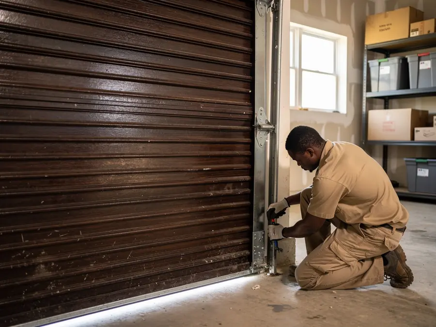 A technician kneels to repair a brown roll-up garage door.