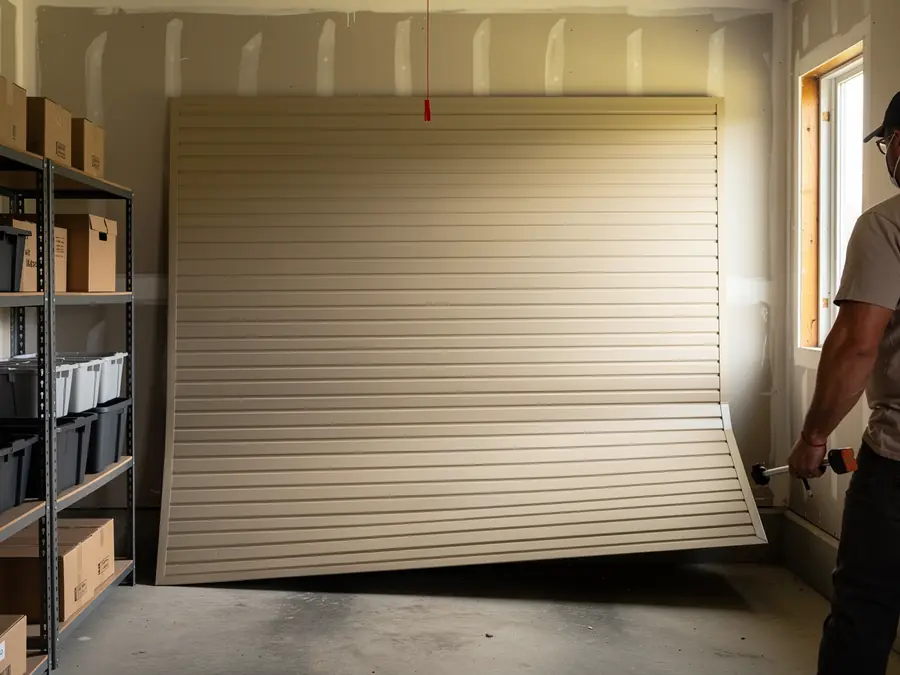 A technician stands next to a beige garage door that is off its track.