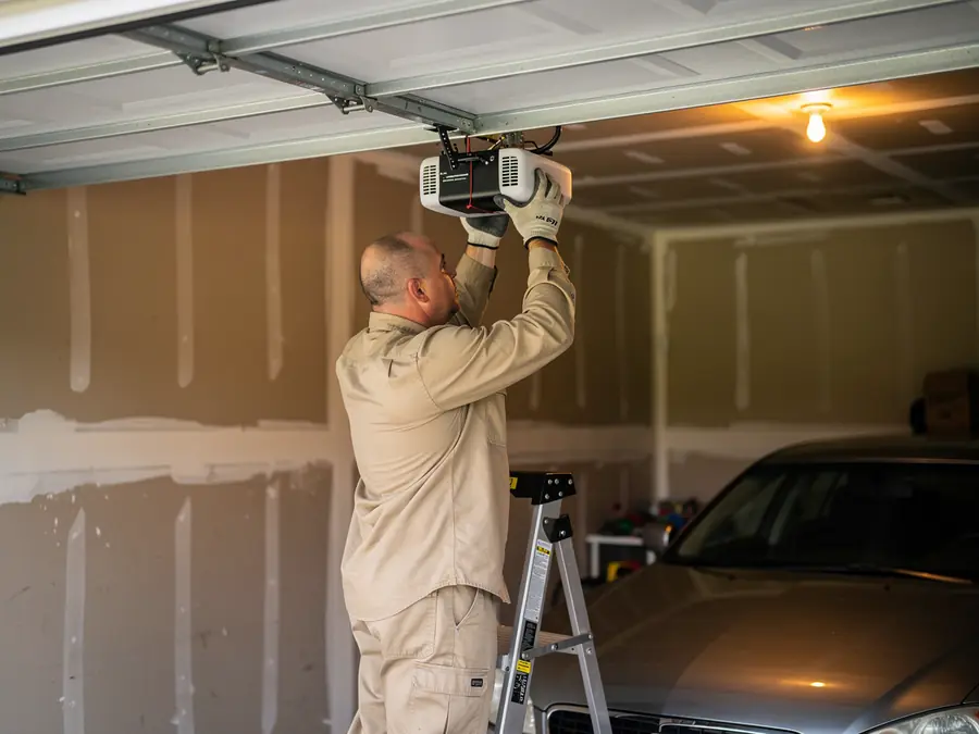 A technician on a ladder installs a garage door opener.