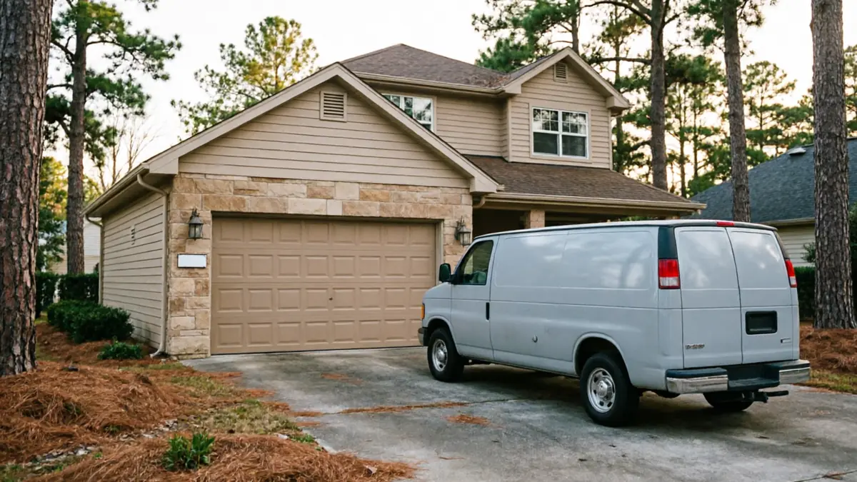 A light gray van is parked in a driveway in front of a house.