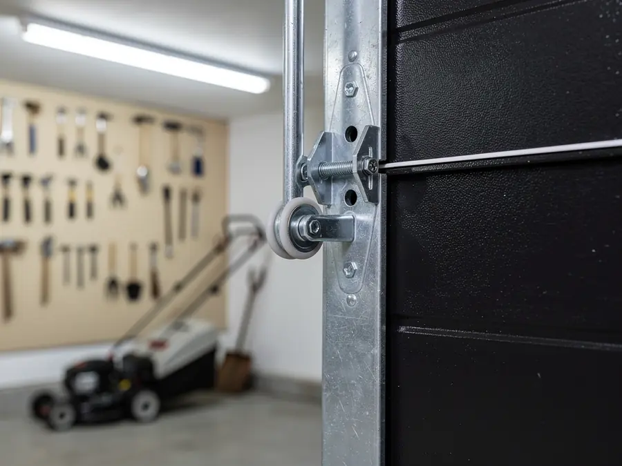 A garage door roller and track are visible with a black garage door.