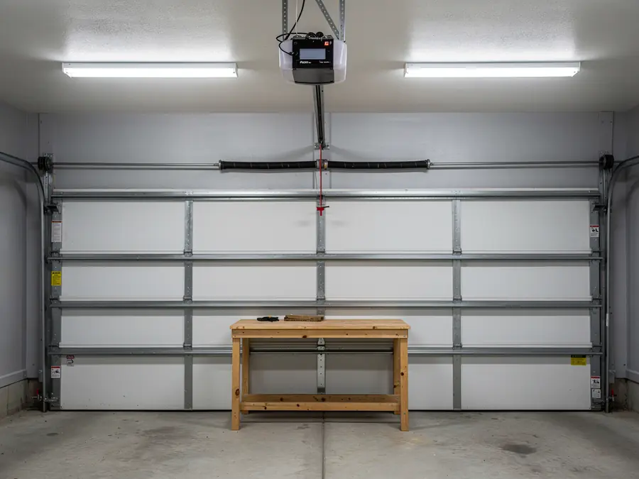 A white garage door is closed with a wooden workbench in front of it.