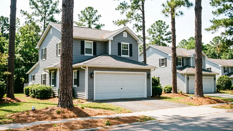 A gray house with a white garage door and black shutters.