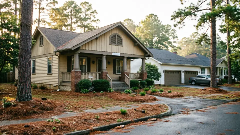 The house has two brown garage doors and a light-colored exterior.